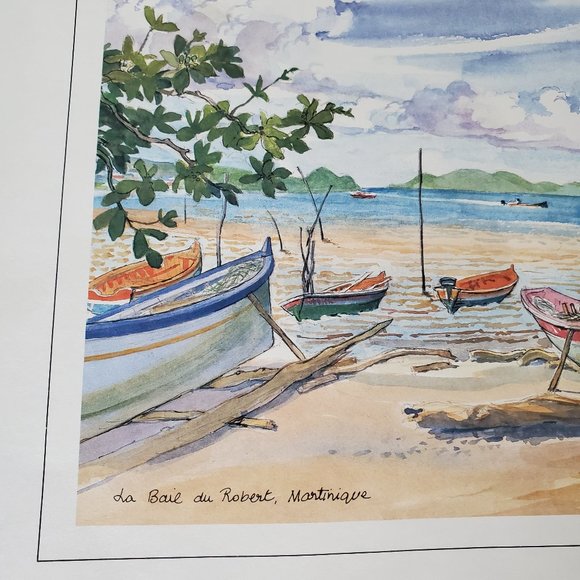 Martinique Marina Print Watercolour Waterfront Boats Port Resort Coastal Islands - Picture 2 of 4